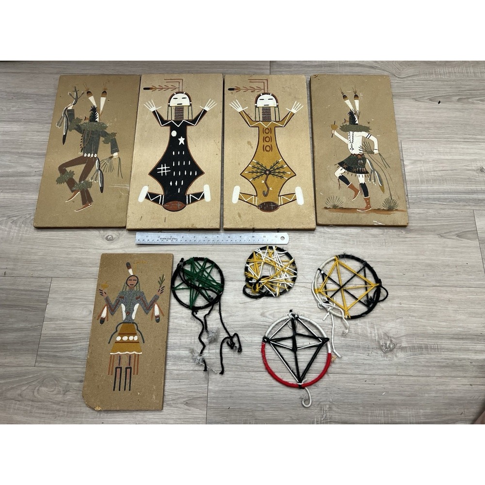 Vintage Original Native American Sand Paintings Set Of 5 Signed On Back